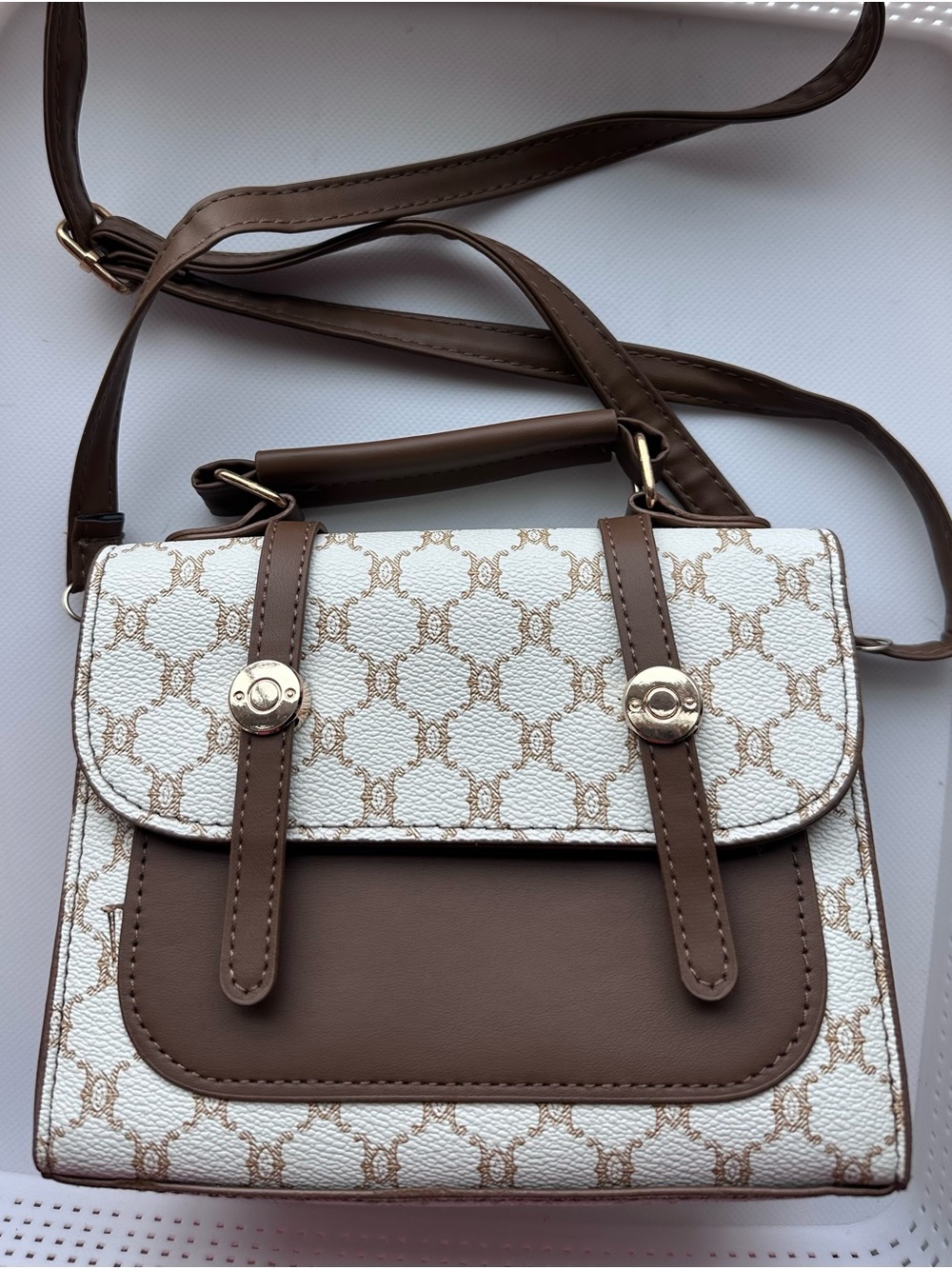 White & Brown Patterned Women's Crossbody Satchel - Elegant Everyday Bag